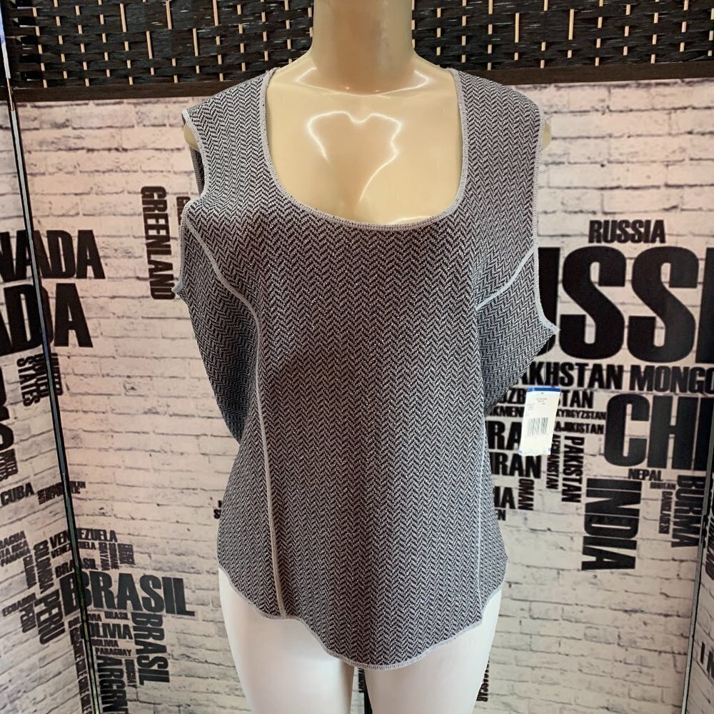 Jones New York XL Gray Metallic Weave Scoop Neck Seam Detail Sleeveless Top